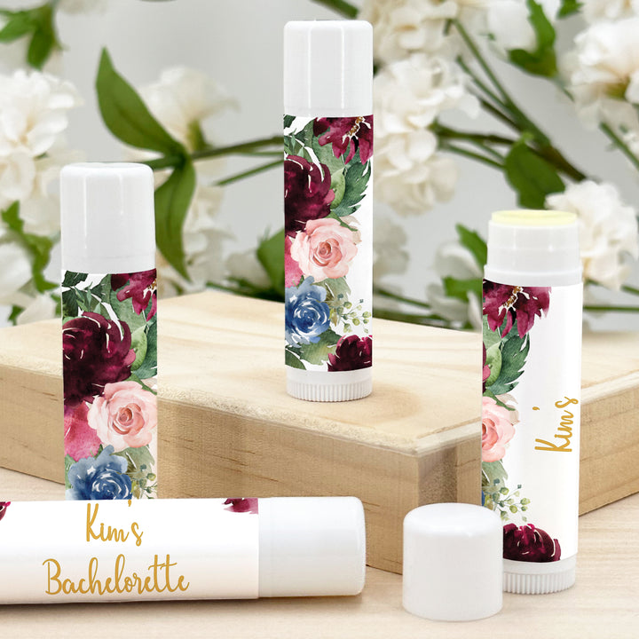 Personalized Lip Balm, Bridal Shower Favors, Burgundy Floral