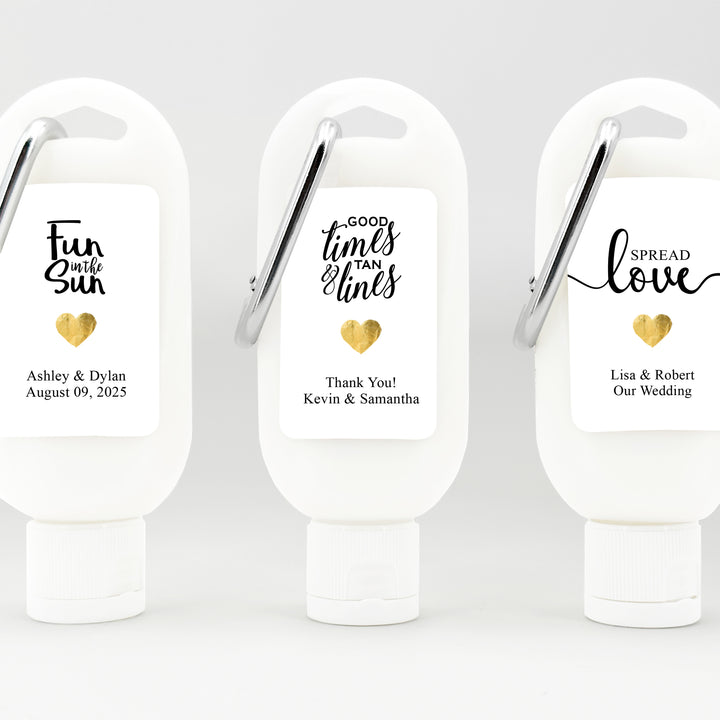 Wedding Favors, Custom Sunscreen Favors with Carabiner, Bridal Shower, Bachelorette Party, Good Times and Tan Lines