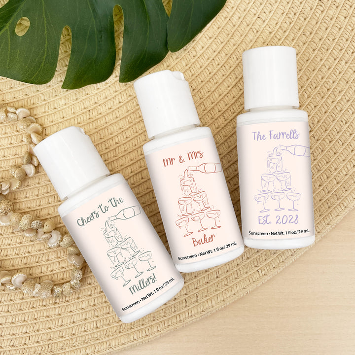 Mini Sunscreen Wedding Favor, Hand Drawn Champagne Tower Sketch