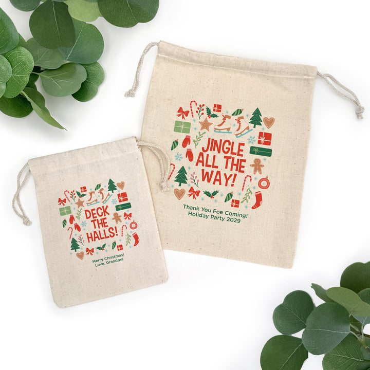 Custom Holiday Drawstring Bags, Christmas Party Favor Goodie Bags, Christmas Pattern Bags