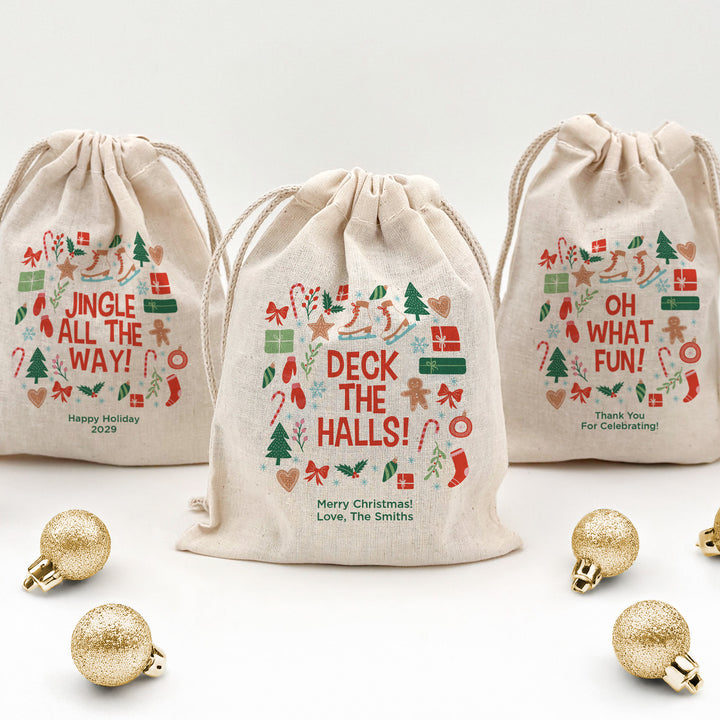 Custom Holiday Drawstring Bags, Christmas Party Favor Goodie Bags, Christmas Pattern Bags