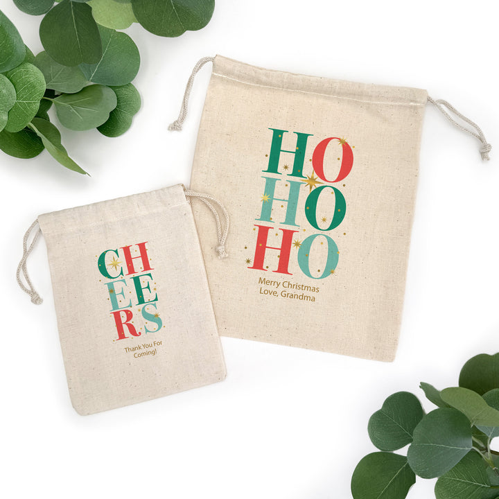 Custom Holiday Drawstring Bags, Christmas Party Favor Goodie Bags, Christmas Sparkle Headings