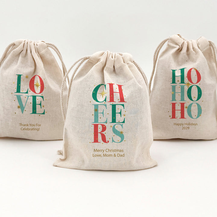Custom Holiday Drawstring Bags, Christmas Party Favor Goodie Bags, Christmas Sparkle Headings