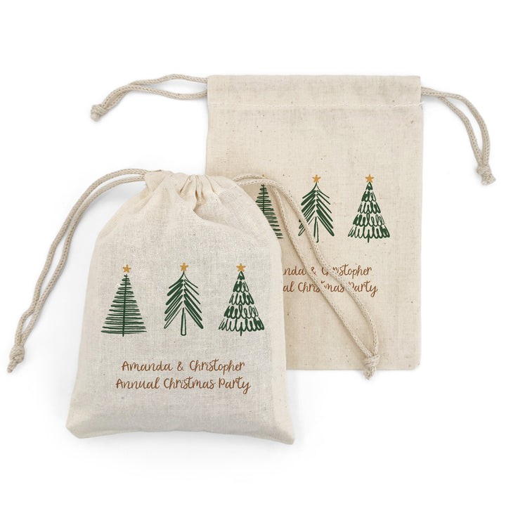 Custom Holiday Drawstring Bags, Christmas Party Favor Goodie Bags, Christmas Tree Doodle Bags