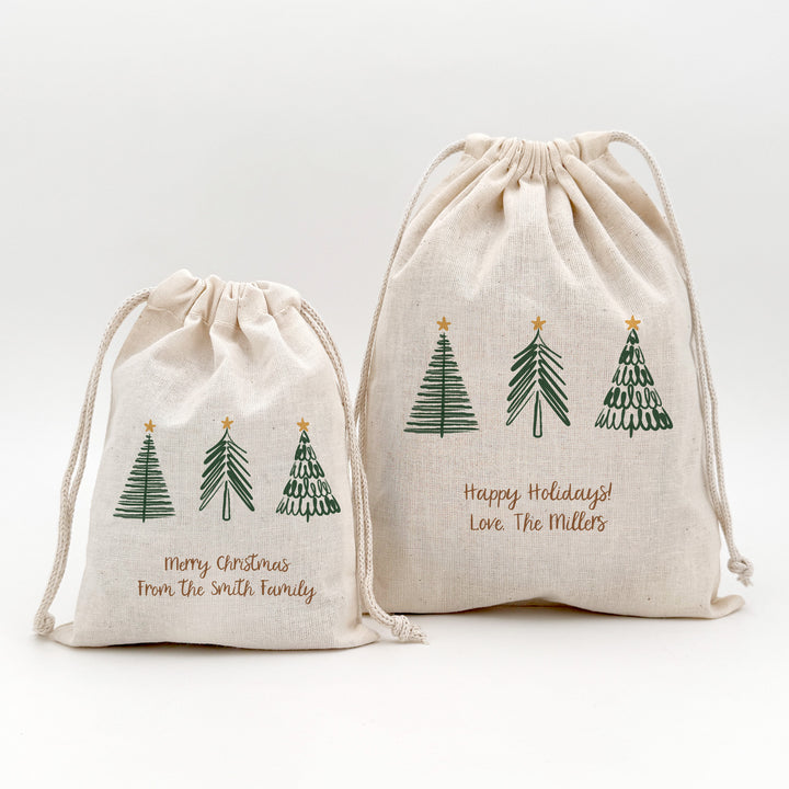 Custom Holiday Drawstring Bags, Christmas Party Favor Goodie Bags, Christmas Tree Doodle Bags