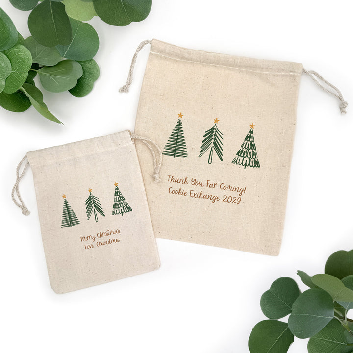 Custom Holiday Drawstring Bags, Christmas Party Favor Goodie Bags, Christmas Tree Doodle Bags