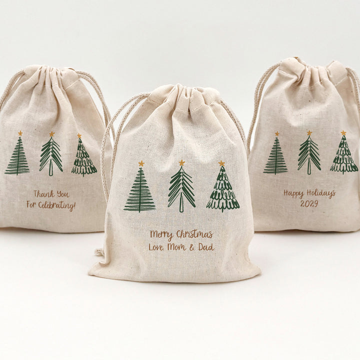Custom Holiday Drawstring Bags, Christmas Party Favor Goodie Bags, Christmas Tree Doodle Bags