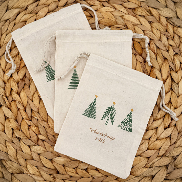 Custom Holiday Drawstring Bags, Christmas Party Favor Goodie Bags, Christmas Tree Doodle Bags