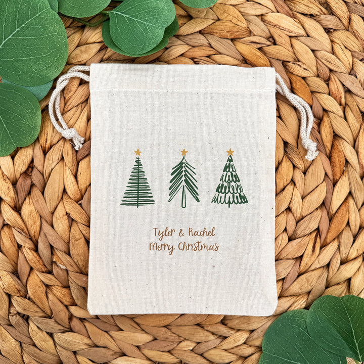 Custom Holiday Drawstring Bags, Christmas Party Favor Goodie Bags, Christmas Tree Doodle Bags