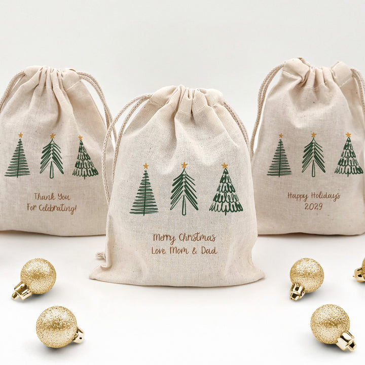 Custom Holiday Drawstring Bags, Christmas Party Favor Goodie Bags, Christmas Tree Doodle Bags
