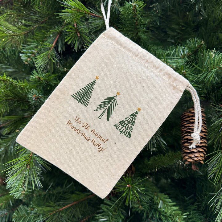 Custom Holiday Drawstring Bags, Christmas Party Favor Goodie Bags, Christmas Tree Doodle Bags