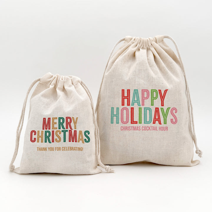 Colorful Festive, Merry Christmas, Happy Holidays, Drawstring Bags