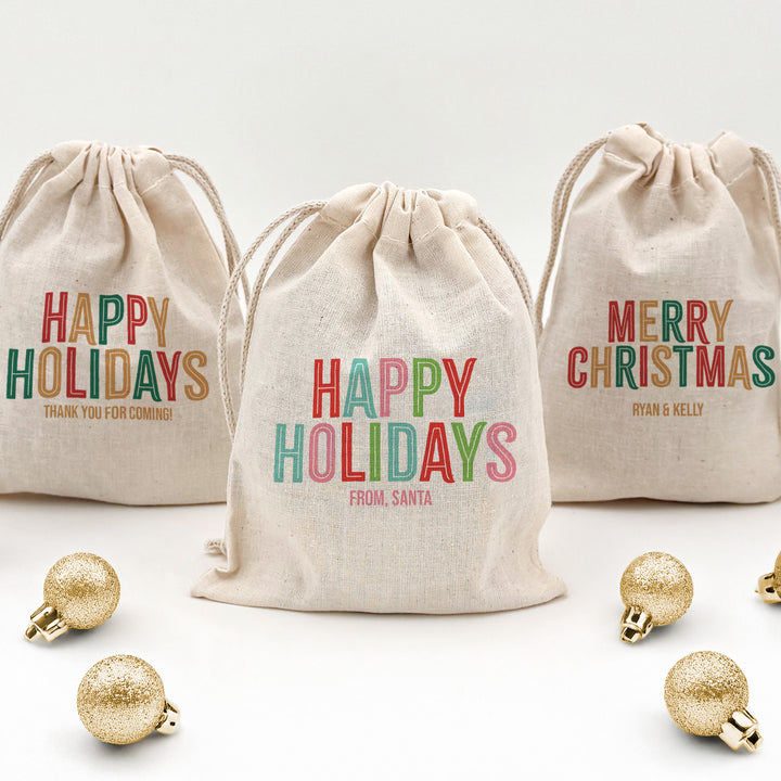 Colorful Festive, Merry Christmas, Happy Holidays, Drawstring Bags