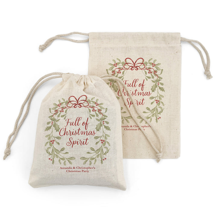 Full of Christmas Spirit, Mistletoe & Bows Drawstring Bags
