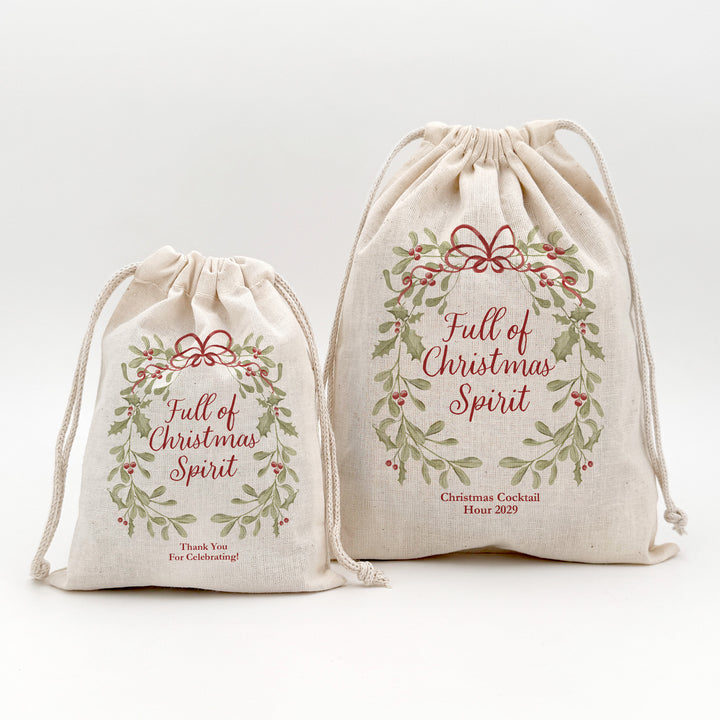 Full of Christmas Spirit, Mistletoe & Bows Drawstring Bags