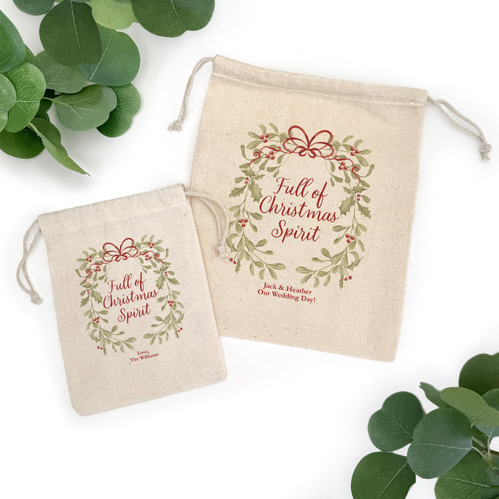 Full of Christmas Spirit, Mistletoe & Bows Drawstring Bags