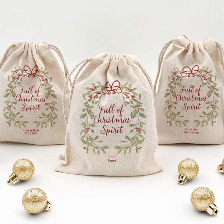 Full of Christmas Spirit, Mistletoe & Bows Drawstring Bags