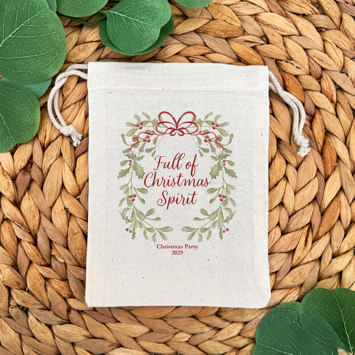 Full of Christmas Spirit, Mistletoe & Bows Drawstring Bags