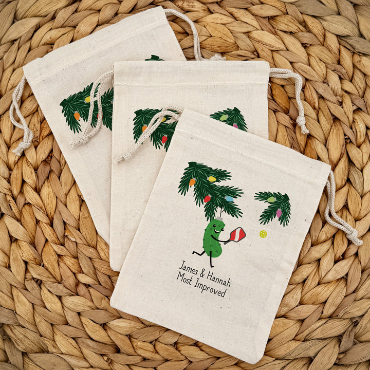 Custom Christmas Drawstring Bags, Pickleball Team Goodie Bags, Pickleball Ornament Bag