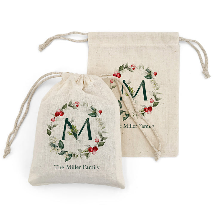Holiday Berry Monogram Drawstring Bags