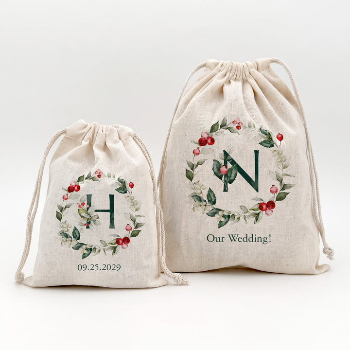 Holiday Berry Monogram Drawstring Bags