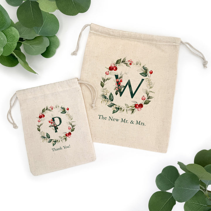 Holiday Berry Monogram Drawstring Bags