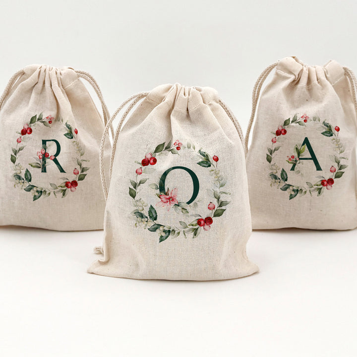 Holiday Berry Monogram Drawstring Bags