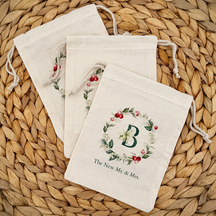 Holiday Berry Monogram Drawstring Bags
