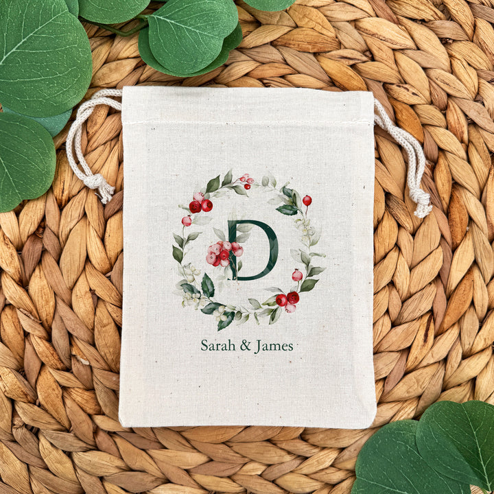 Holiday Berry Monogram Drawstring Bags