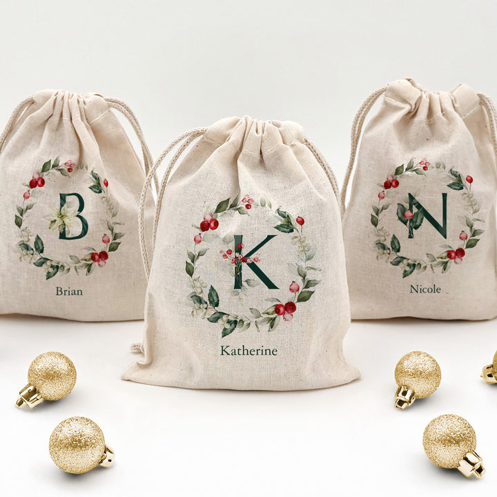 Holiday Berry Monogram Drawstring Bags