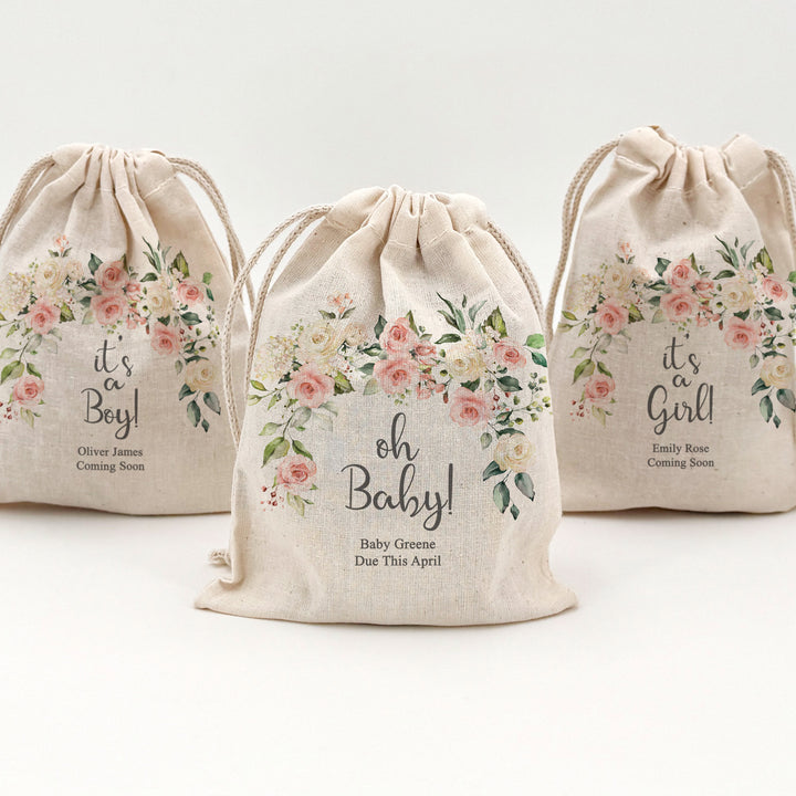 Pink Floral, Baby Shower Drawstring Bags