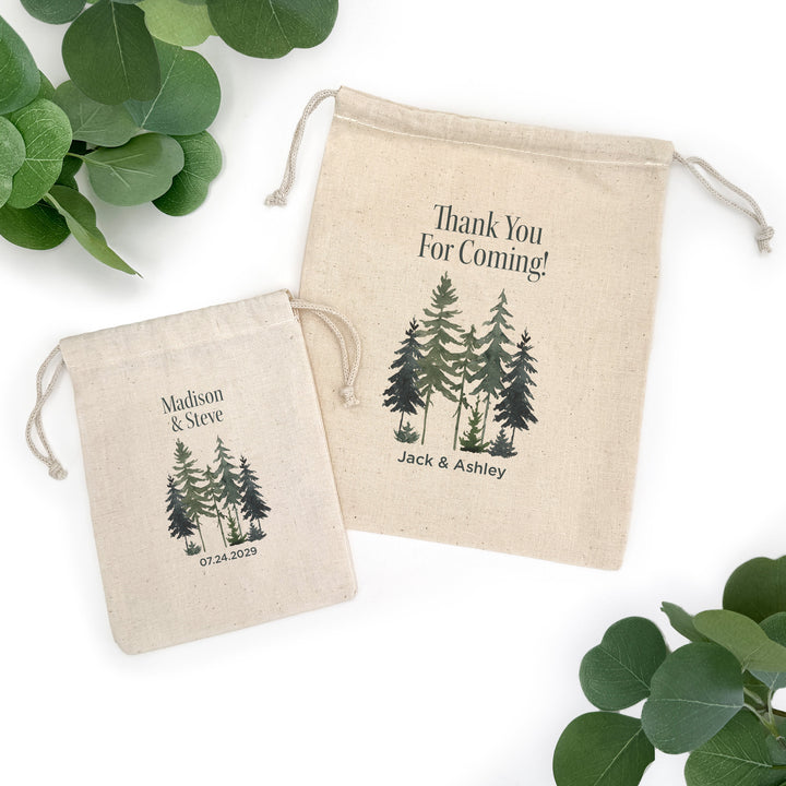 Watercolor Pine Trees Drawstring Bags
