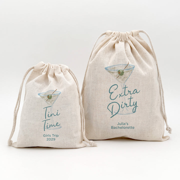Custom Drawstring Bags, Martini Birthday, Wedding Hangover Kit, A Tini Bit Older Birthday Bags