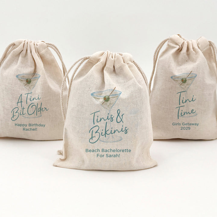 Custom Drawstring Bags, Martini Birthday, Wedding Hangover Kit, A Tini Bit Older Birthday Bags