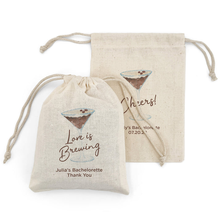 Custom Drawstring Bags, Espresso Martini Birthday, Wedding Hangover Kit, Love is Brewing, Espresso Martini Bags