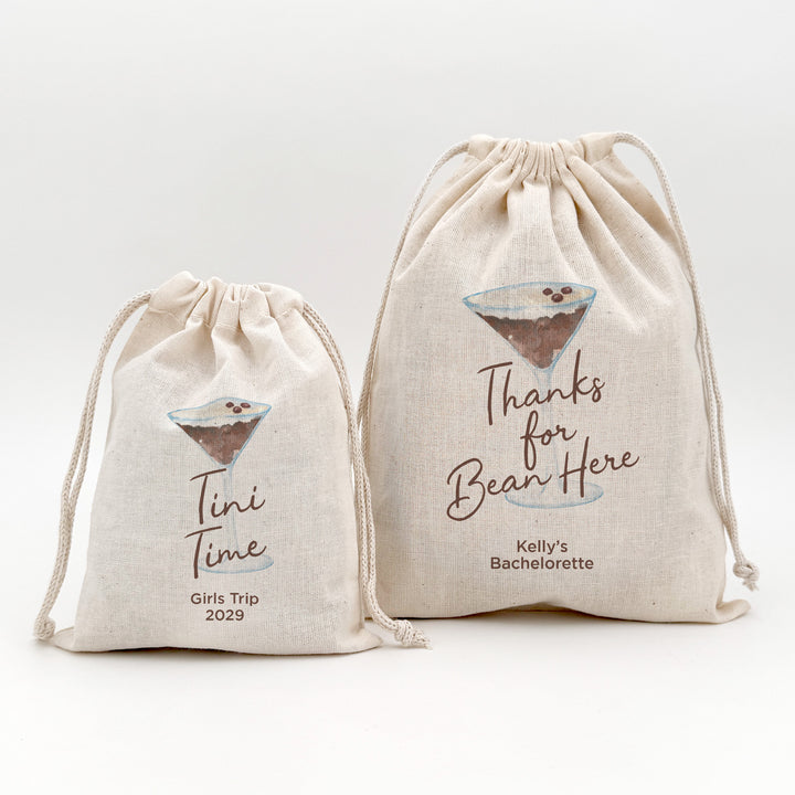 Custom Drawstring Bags, Espresso Martini Birthday, Wedding Hangover Kit, Love is Brewing, Espresso Martini Bags