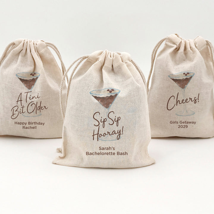 Custom Drawstring Bags, Espresso Martini Birthday, Wedding Hangover Kit, Love is Brewing, Espresso Martini Bags
