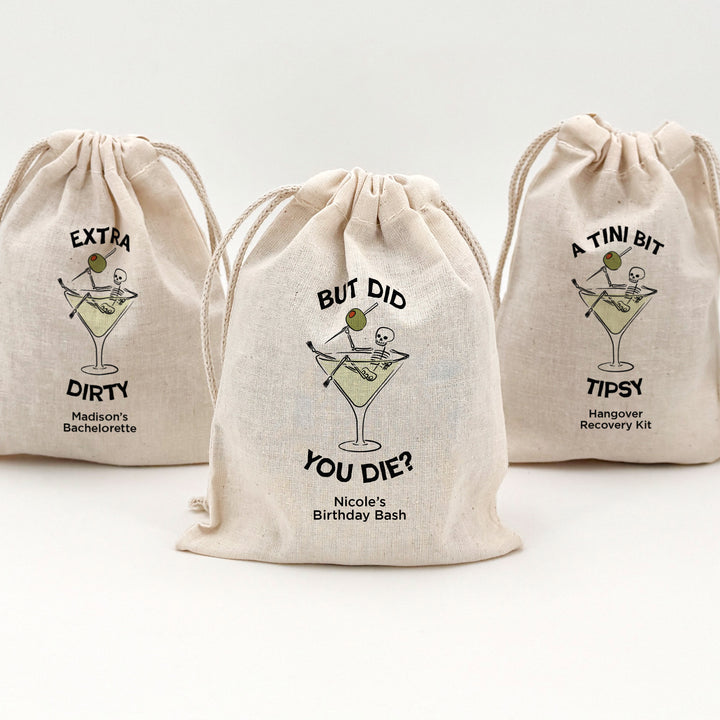 Bachelorette Goody Bags, Hangover Kit, Custom Tote Bag, Girls Trip, Birthday Favors, Wedding Favor, Till Death Do Us Party, A Tini Bit Tipsy, Martini Skeleton Bags