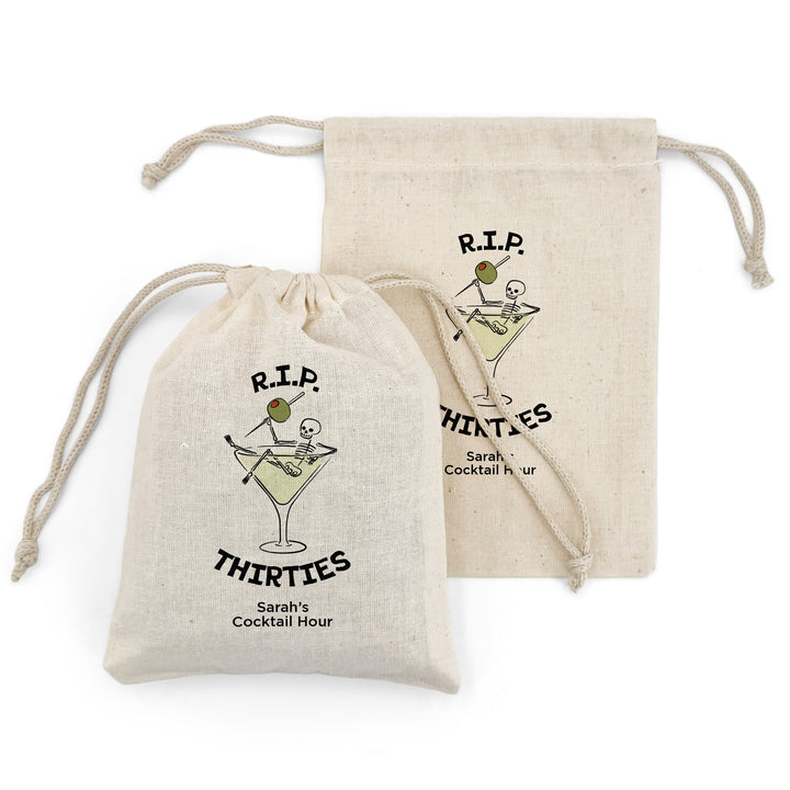 Martini Birthday Party Favor Bags, Custom Mini Drawstring Tote Bag, Birthday Favors, RIP Twenties, A Tini Bit Older, Martini Theme Party, Martini Skeleton Bags
