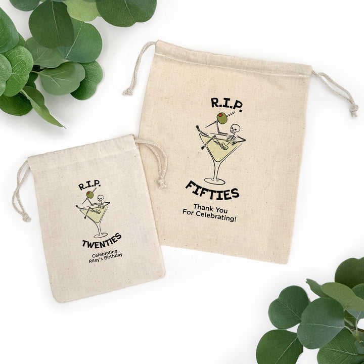 Martini Birthday Party Favor Bags, Custom Mini Drawstring Tote Bag, Birthday Favors, RIP Twenties, A Tini Bit Older, Martini Theme Party, Martini Skeleton Bags