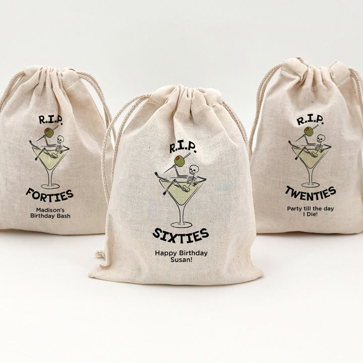 Martini Birthday Party Favor Bags, Custom Mini Drawstring Tote Bag, Birthday Favors, RIP Twenties, A Tini Bit Older, Martini Theme Party, Martini Skeleton Bags