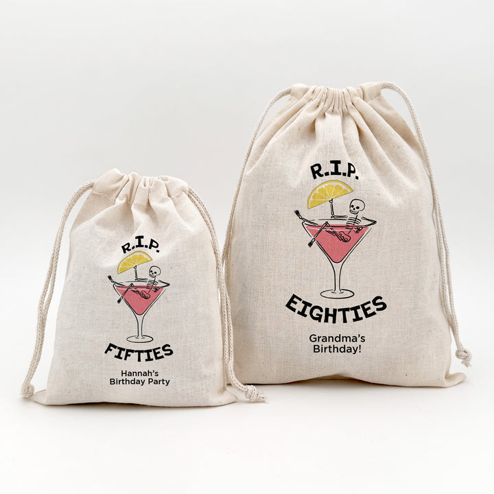 Cosmo Birthday Party Favor Bags, Custom Mini Drawstring Tote Bag, Birthday Favors, RIP Forties, Cosmopolitan Skeleton Bags