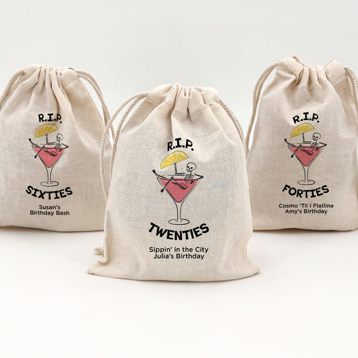 Cosmo Birthday Party Favor Bags, Custom Mini Drawstring Tote Bag, Birthday Favors, RIP Forties, Cosmopolitan Skeleton Bags