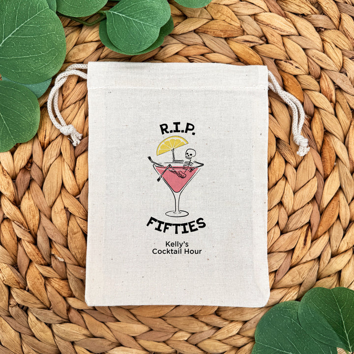 Cosmo Birthday Party Favor Bags, Custom Mini Drawstring Tote Bag, Birthday Favors, RIP Forties, Cosmopolitan Skeleton Bags