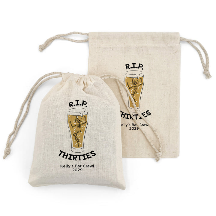 Beer Birthday Party Favor Bags, Custom Mini Drawstring Tote Bag, Birthday Favors, RIP Fifties, Brewery Themed Party, Beer Skeleton Bags