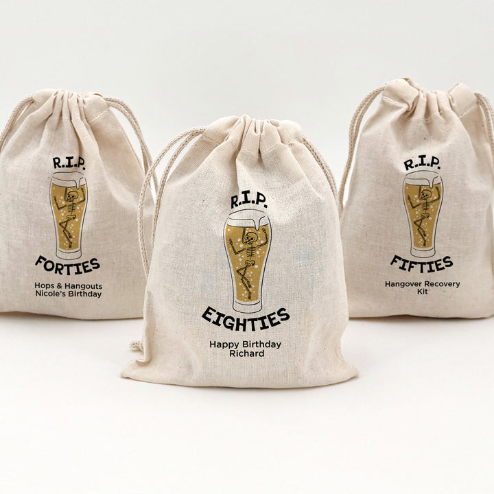 Beer Birthday Party Favor Bags, Custom Mini Drawstring Tote Bag, Birthday Favors, RIP Fifties, Brewery Themed Party, Beer Skeleton Bags