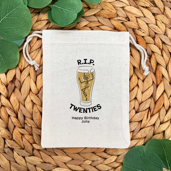 Beer Birthday Party Favor Bags, Custom Mini Drawstring Tote Bag, Birthday Favors, RIP Fifties, Brewery Themed Party, Beer Skeleton Bags