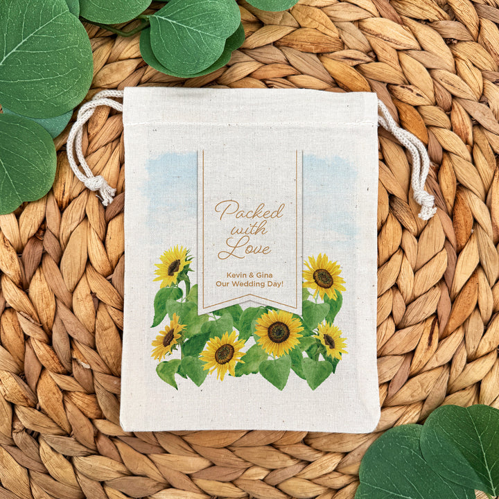 Custom Drawstring Bags, Wedding Favor, Hotel Welcome Bags, Sunflower Drawstring Bags