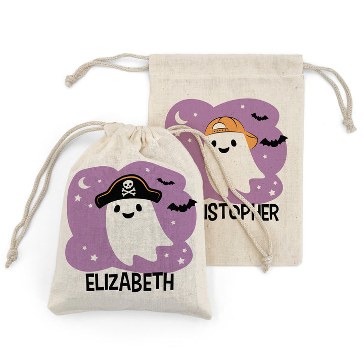 Custom Drawstring Bags, Halloween Gift Bags, Custom Kid's Name Goodie Bags, Ghosts with Hats