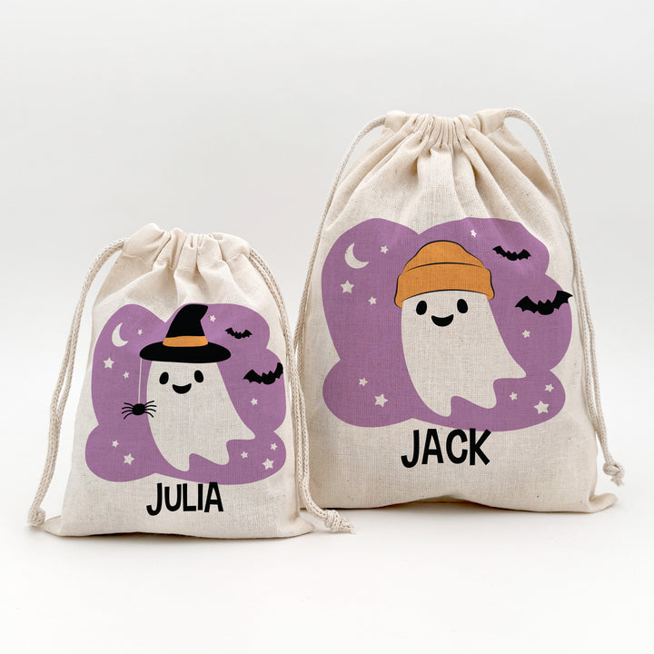 Custom Drawstring Bags, Halloween Gift Bags, Custom Kid's Name Goodie Bags, Ghosts with Hats